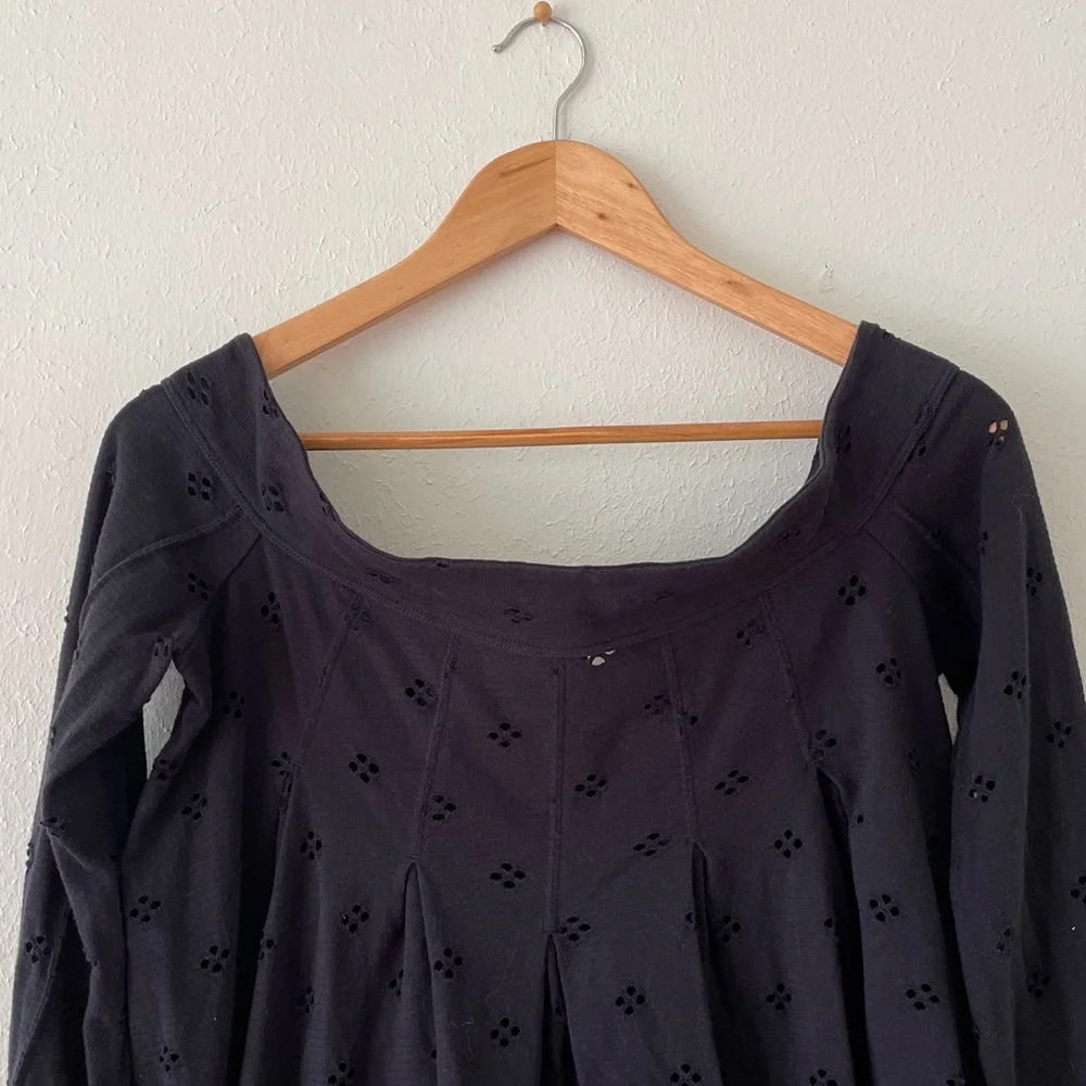 Free People Eyelet Blouse Flare Sleeve Washed Boho Black Medium